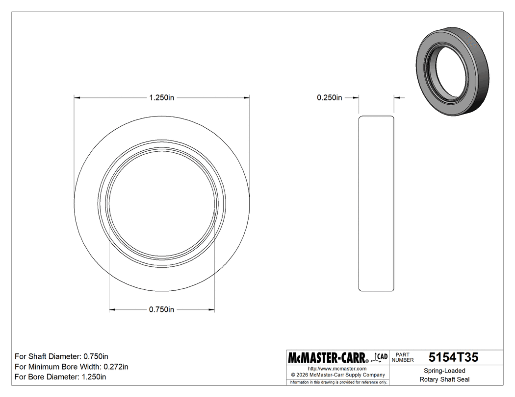 Technical Drawing of Spring-Loaded Rotary Shaft Seal, with Wiper Lip, for 3/4" Shaft Diameter, 10 PSI Maximum Pressure.